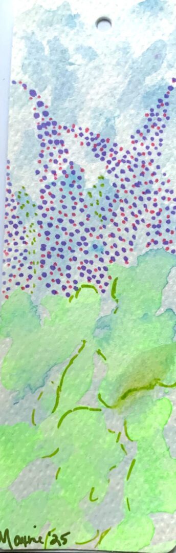 Abstract watercolor with green foliage and purple dots