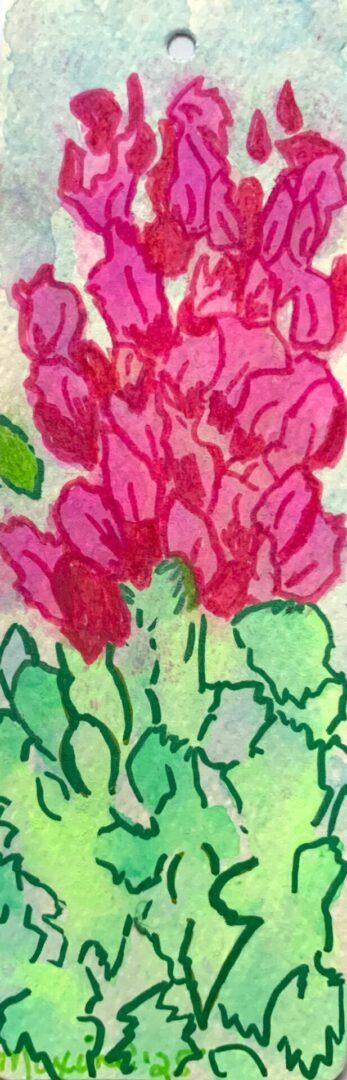 Pink lupine watercolor painting with green foliage