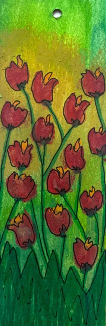 Hand-painted red tulips on green background