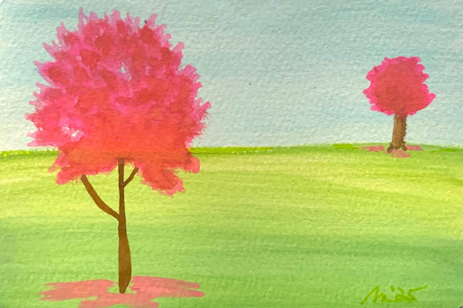 Watercolor painting of two pink trees