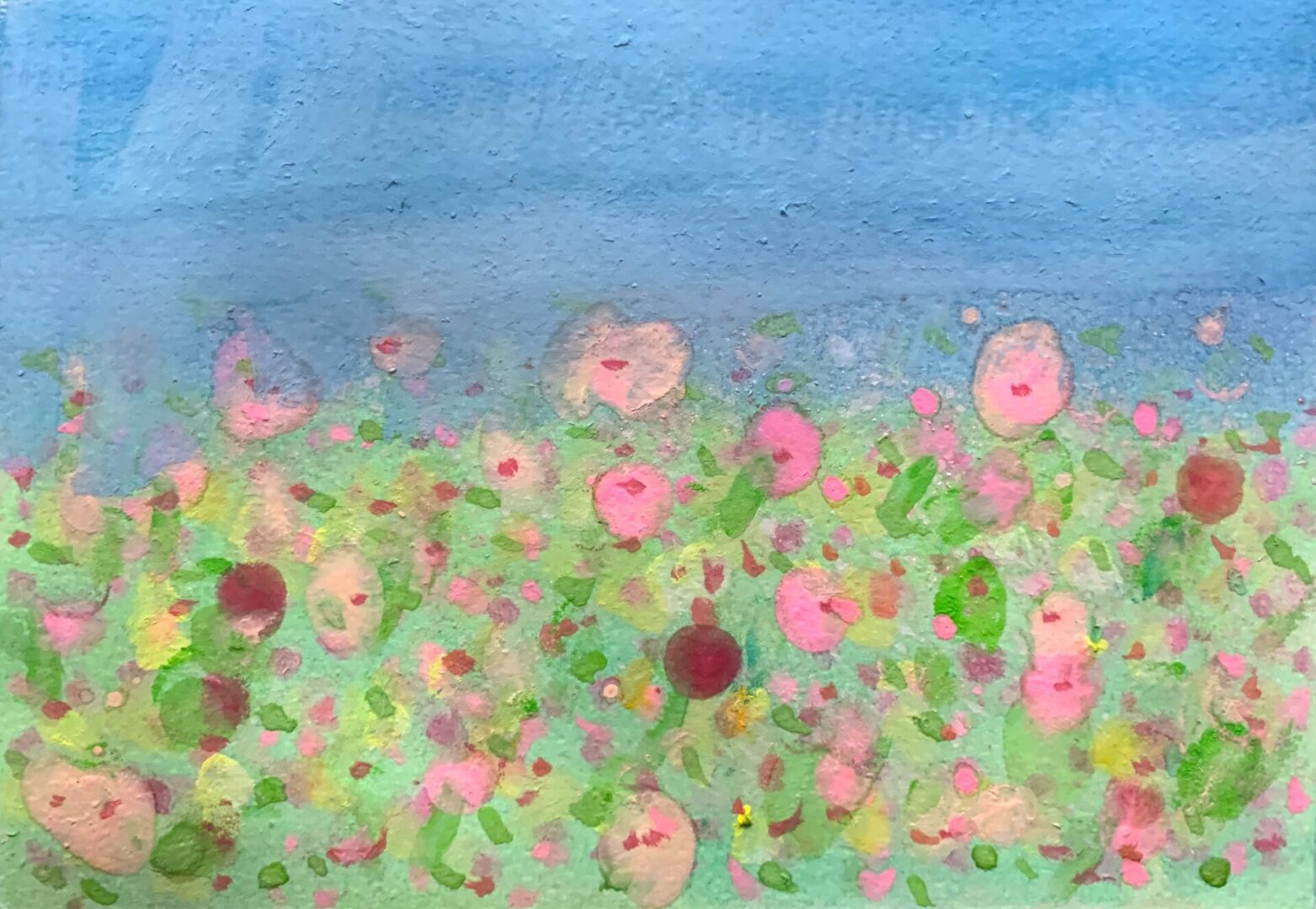 Watercolor meadow with pink flowers and sky