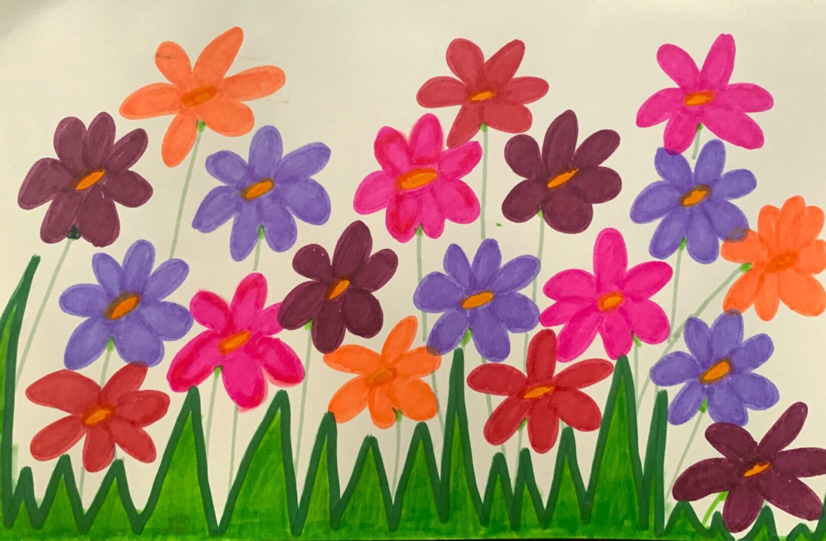 Colorful hand-drawn flowers in grassy field