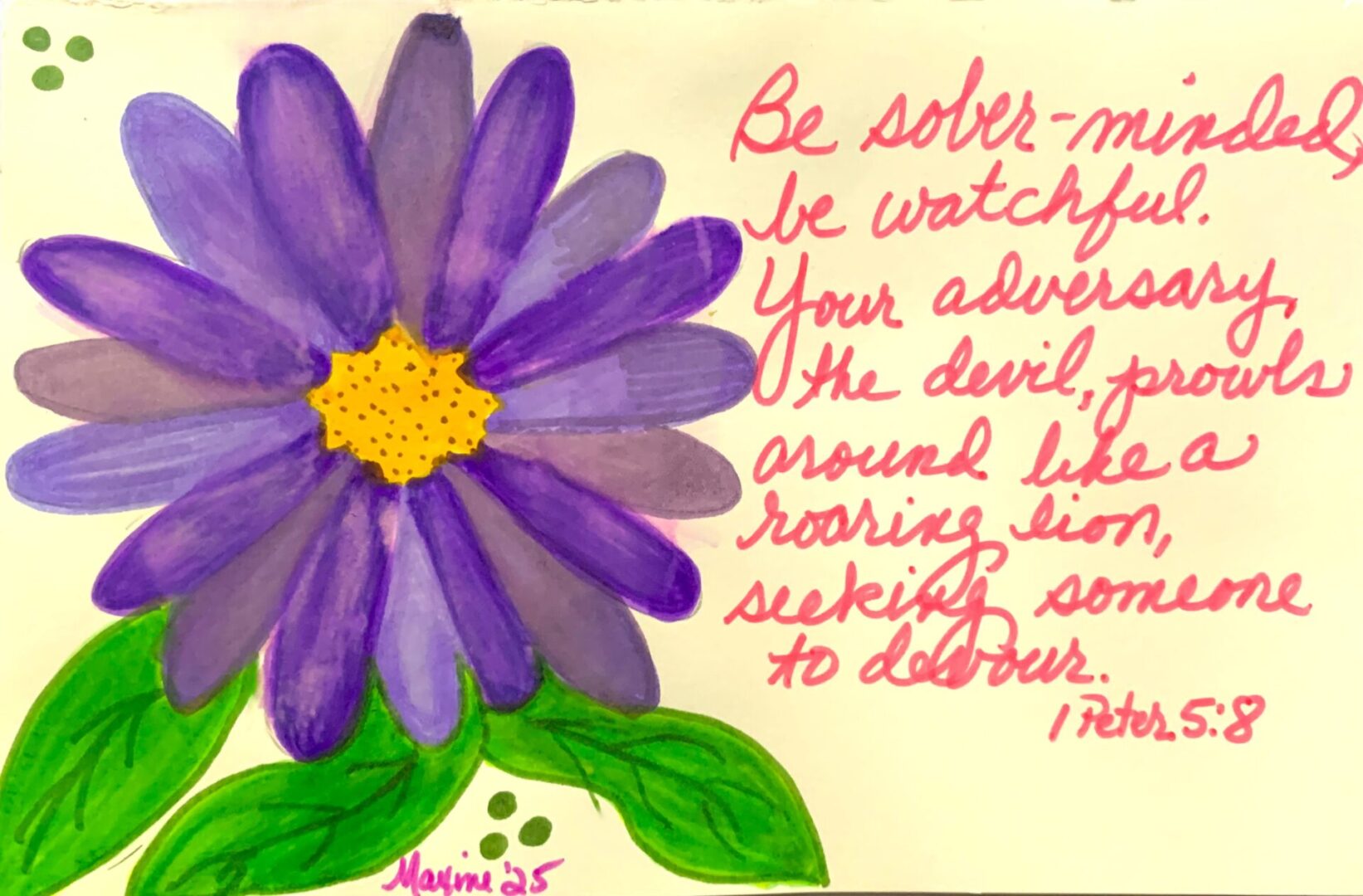 Purple daisy with handwritten Bible verse