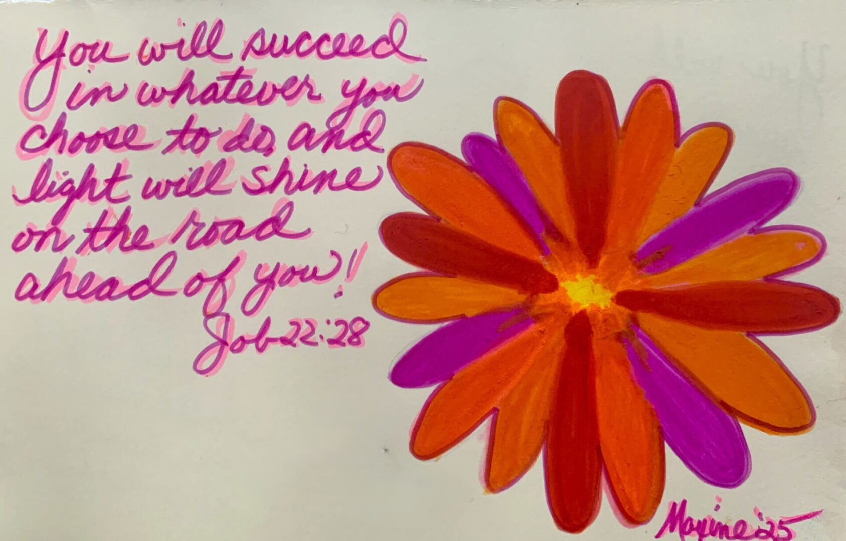Handwritten inspirational quote with colorful flower