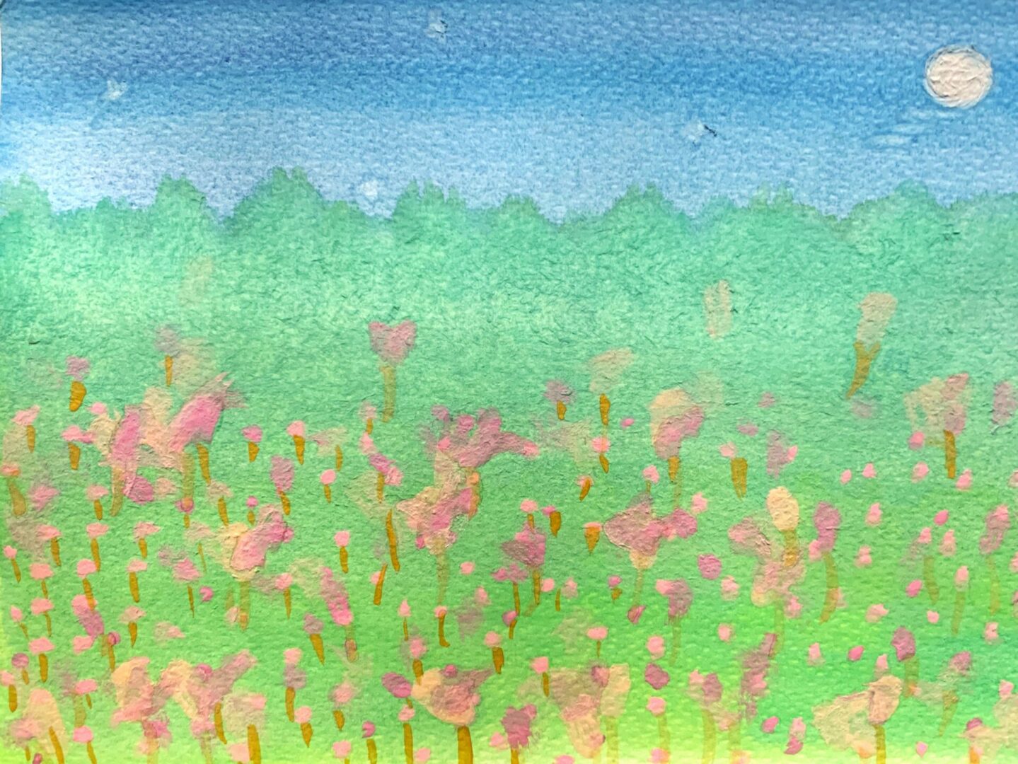 Watercolor meadow with pink wildflowers and moon