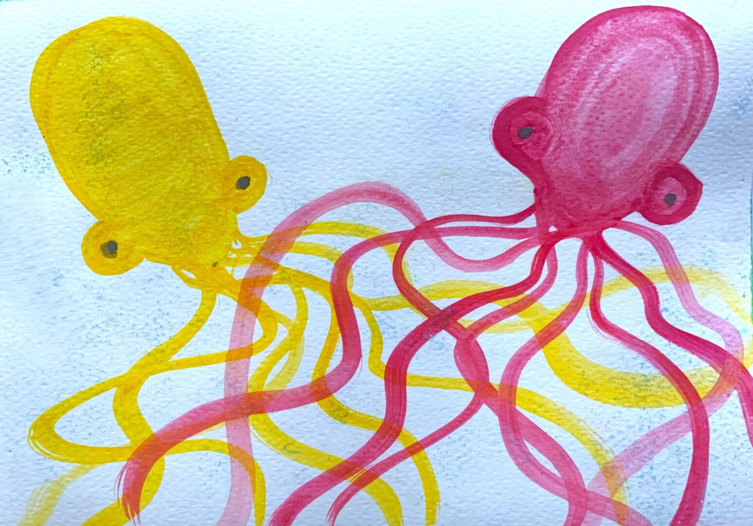 Watercolor painting of two colorful octopuses