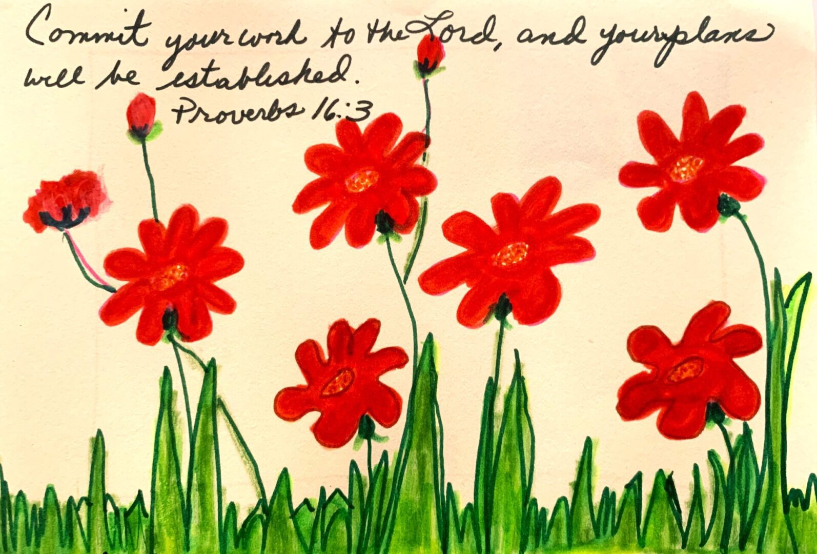 Hand-drawn red flowers with handwritten Bible verse