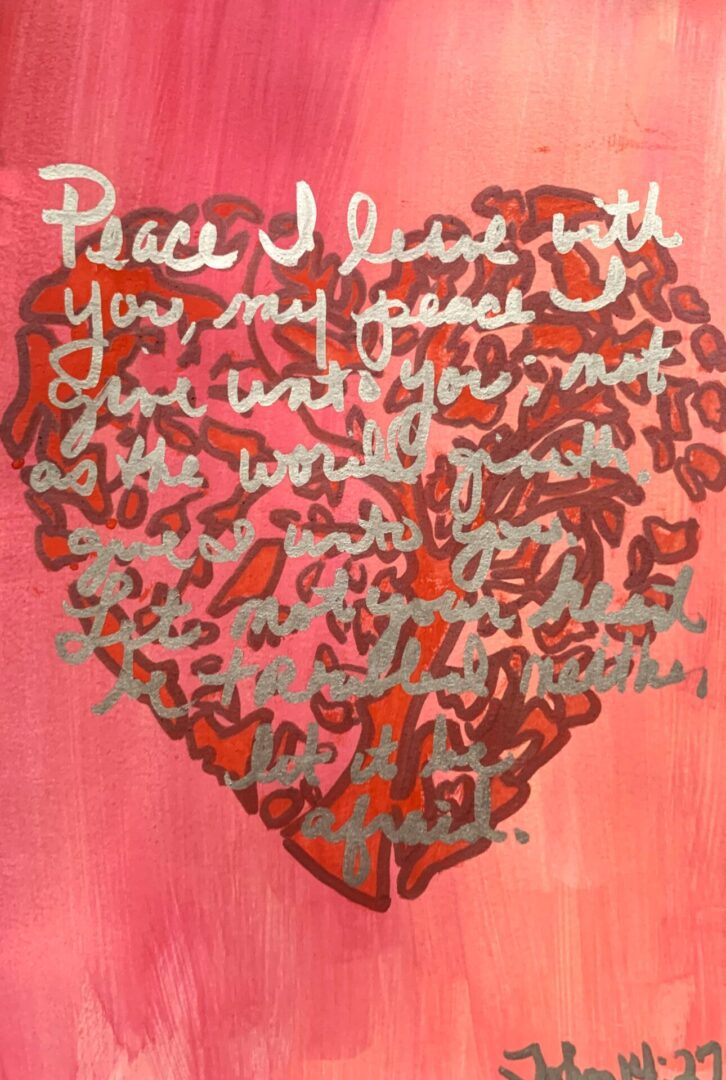 Pink heart painting with silver handwritten text