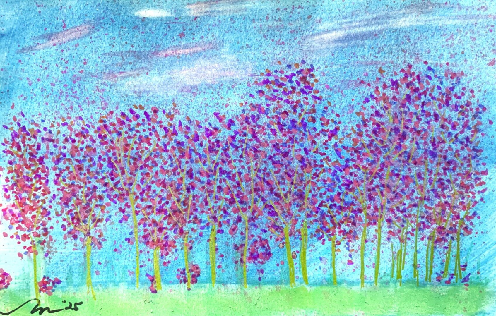 Watercolor purple trees under bright blue sky