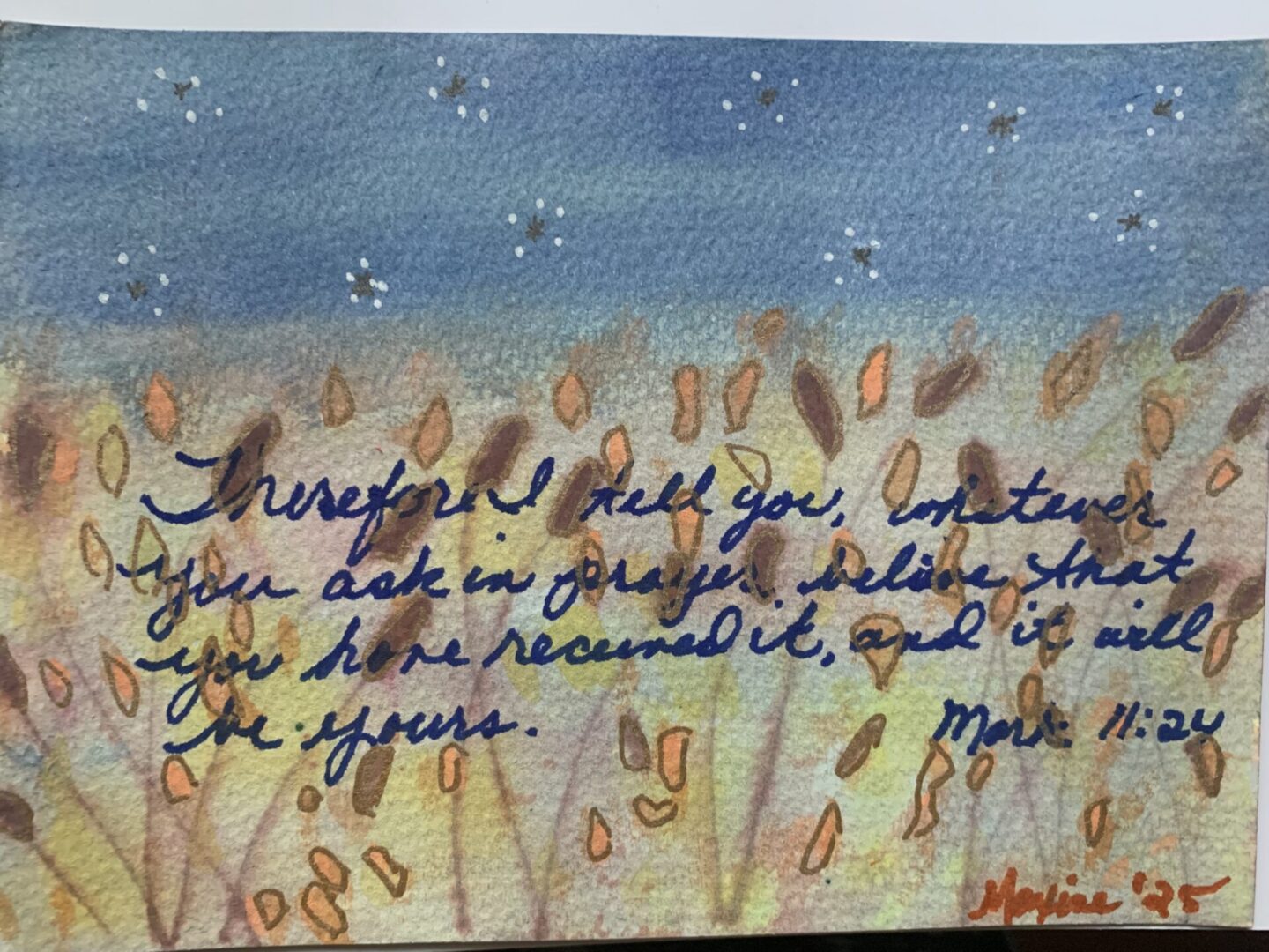 Watercolor meadow with handwritten Bible verse