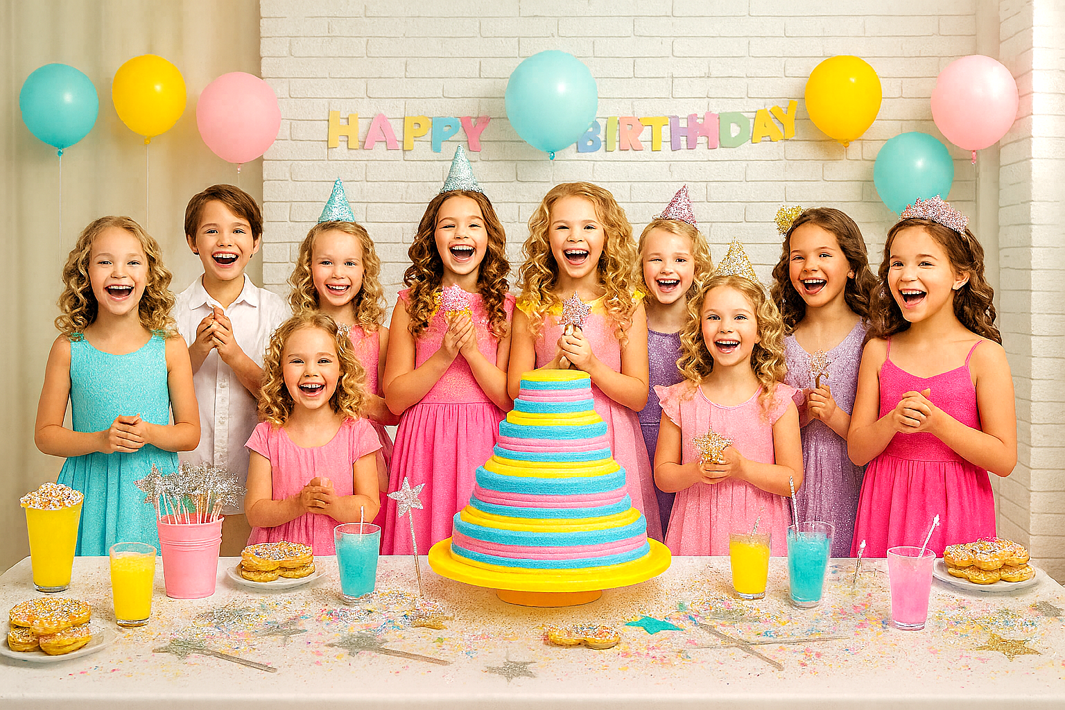 Group of girls at colorful birthday party