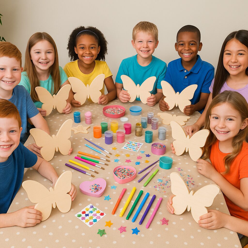 Children crafting wooden butterfly cutouts at table