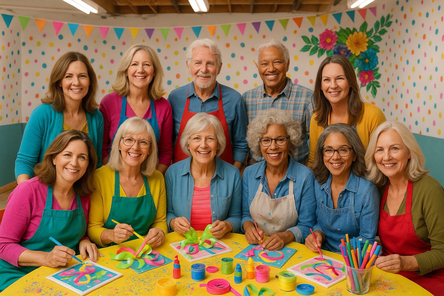 Smiling seniors crafting colorful paper art together