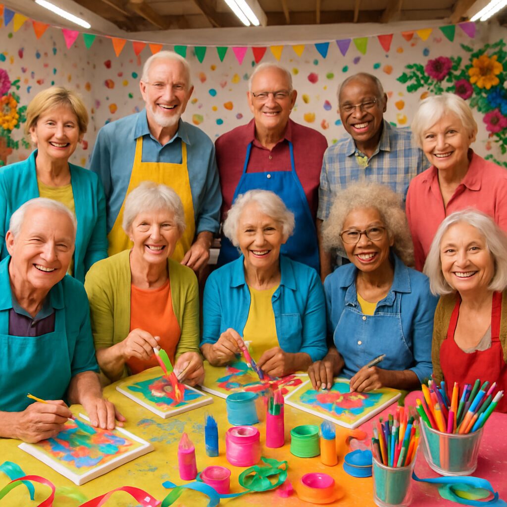 Smiling group painting class with colorful art supplies