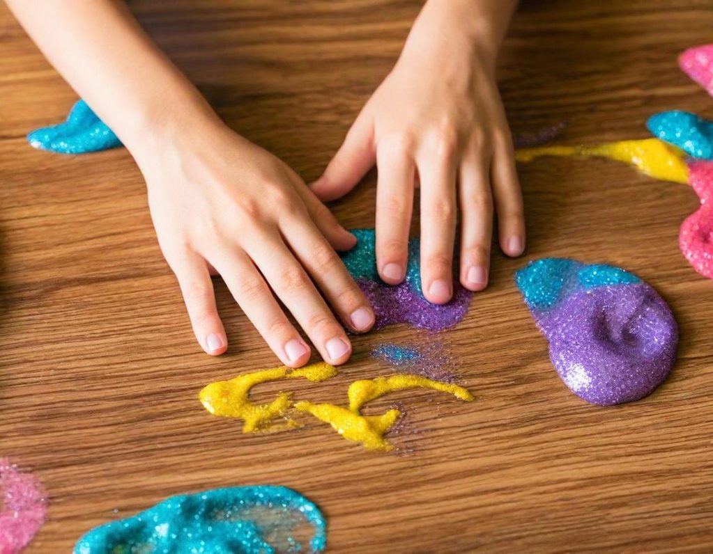 Child playing with colorful glitter slime