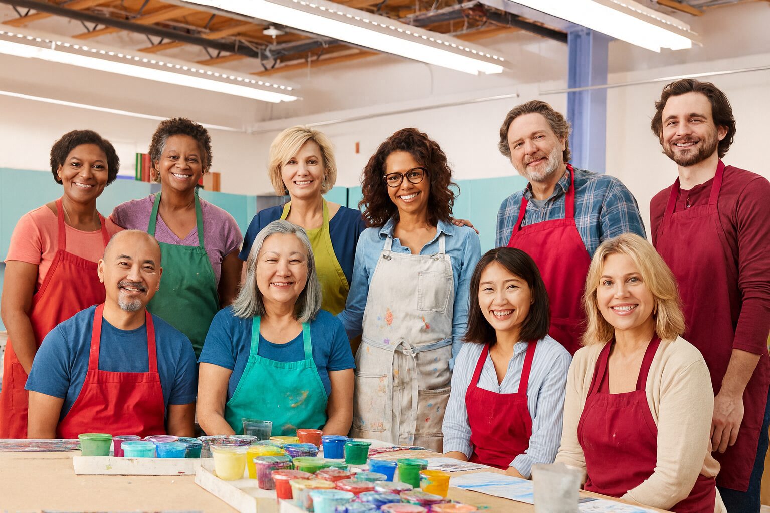 Smiling diverse adults painting in studio
