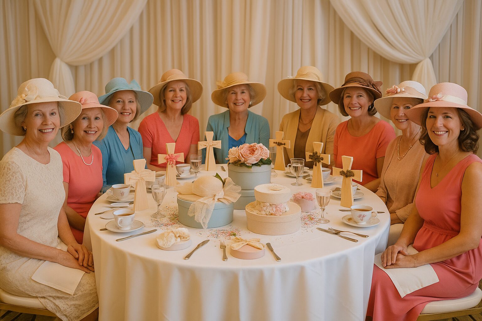 Women in hats at pastel tea party