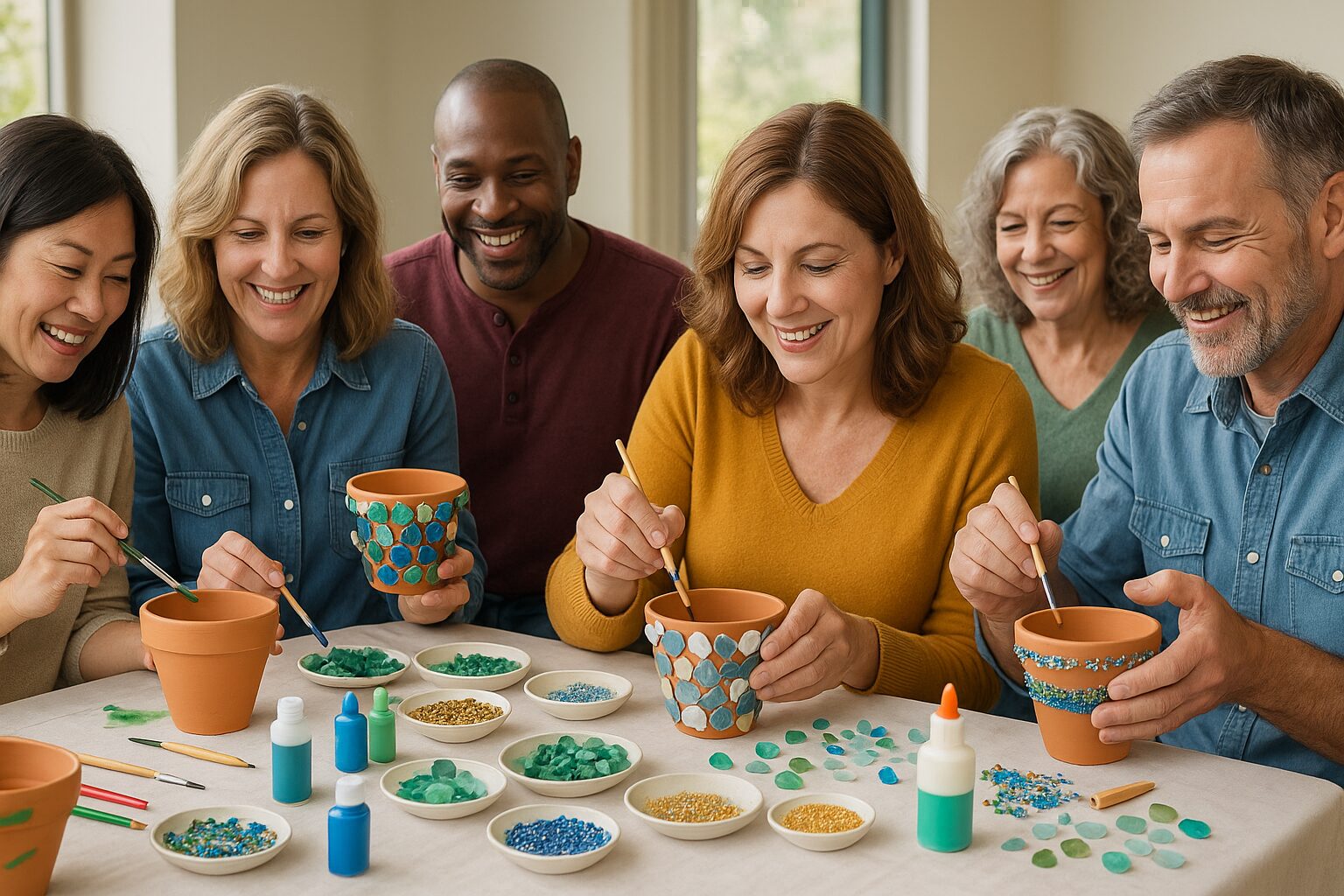 Adults decorating terracotta pots together