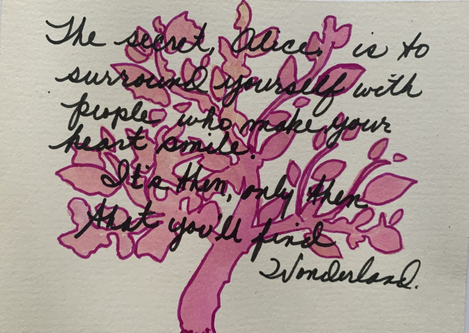 Pink tree drawing with cursive handwritten quote