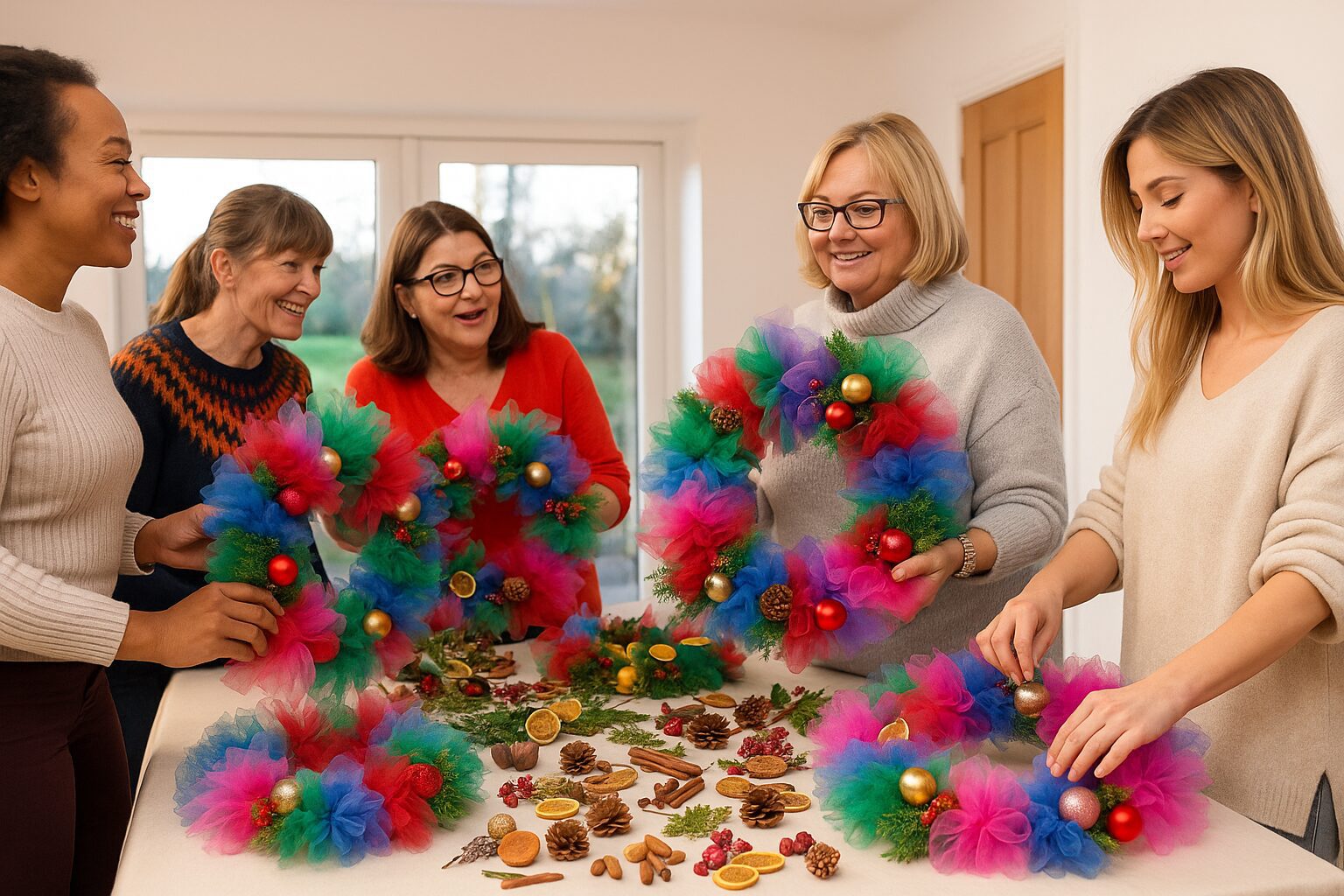 Women crafting colorful holiday wreaths at table