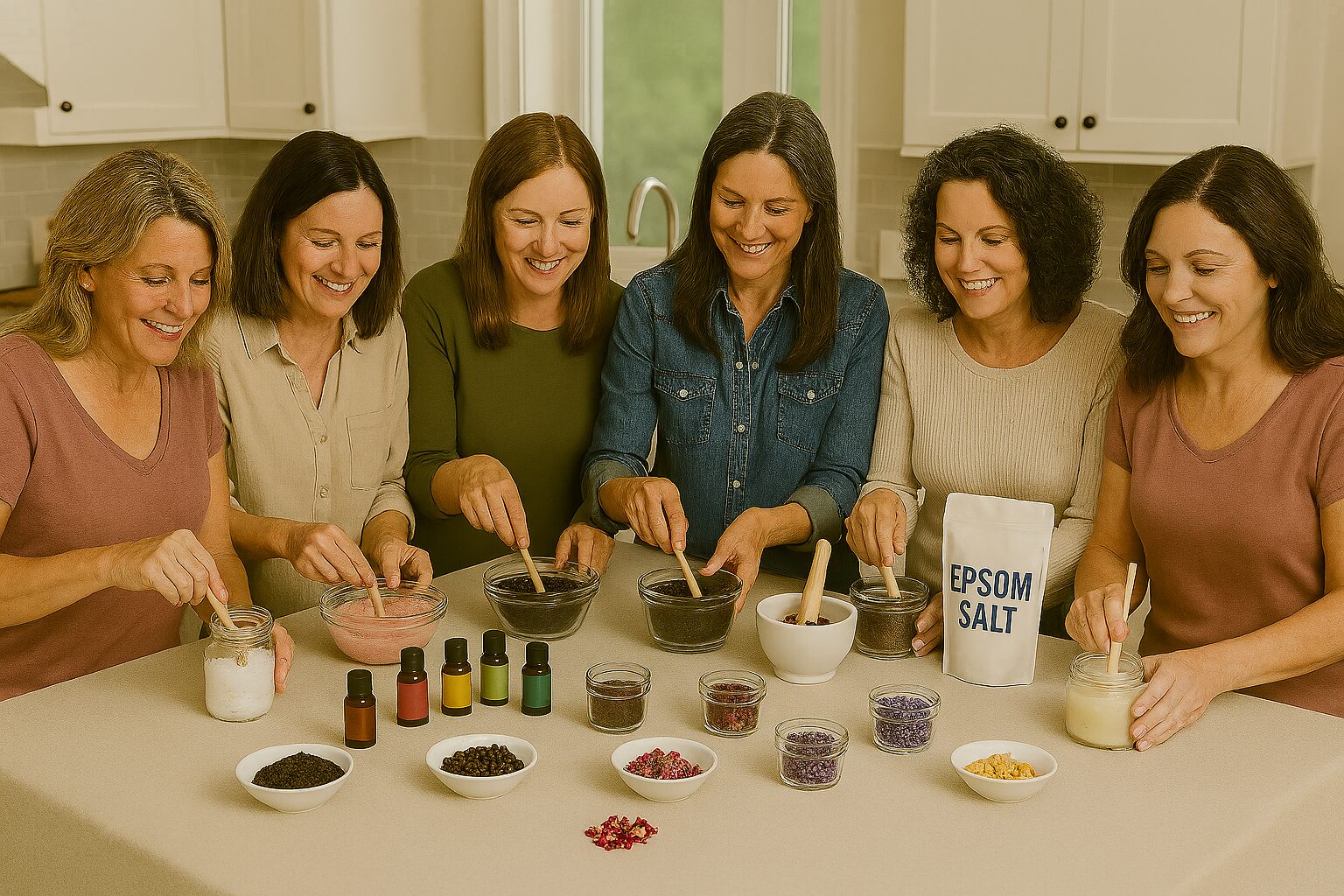 Women making DIY bath salts and scrubs