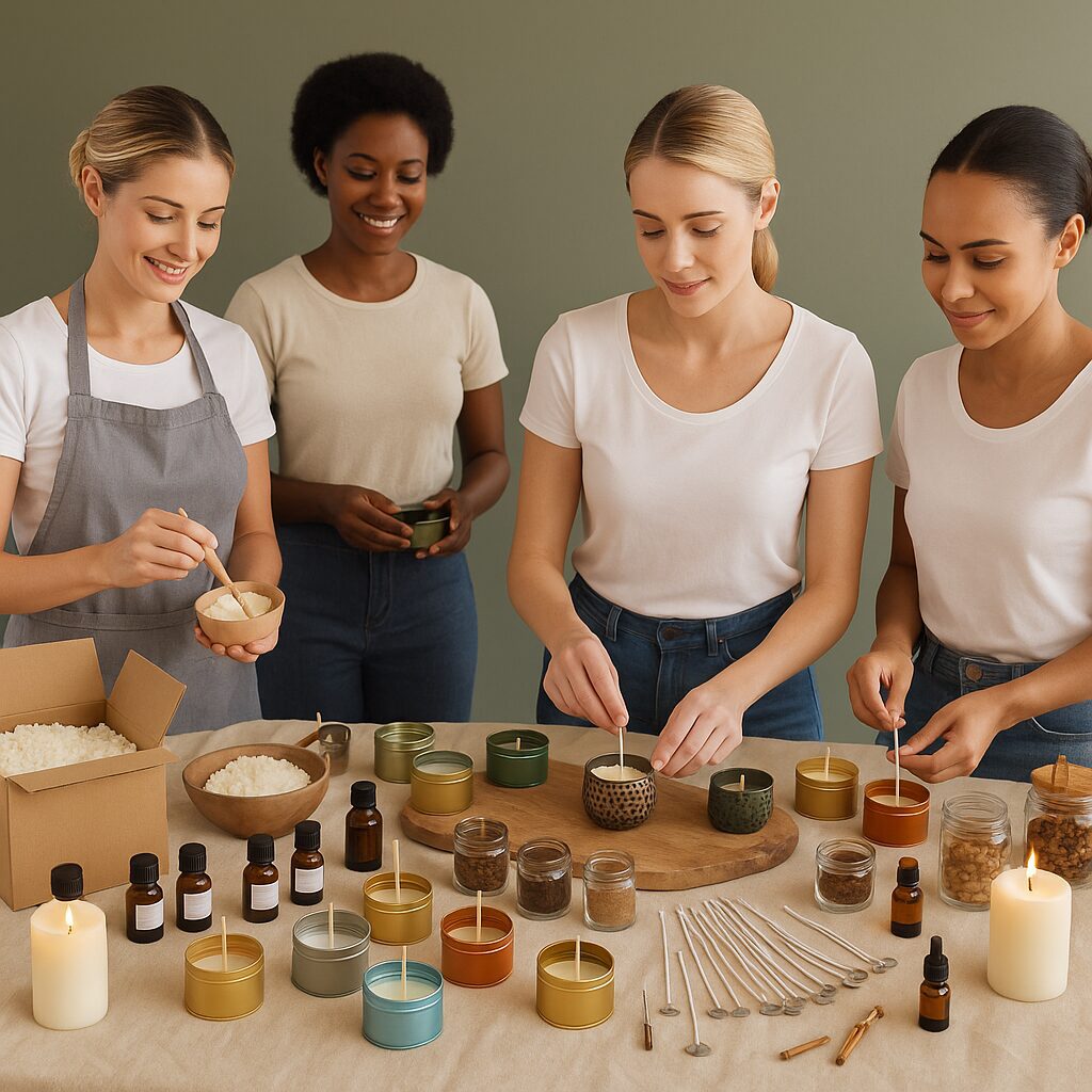 Group making scented candles at craft table