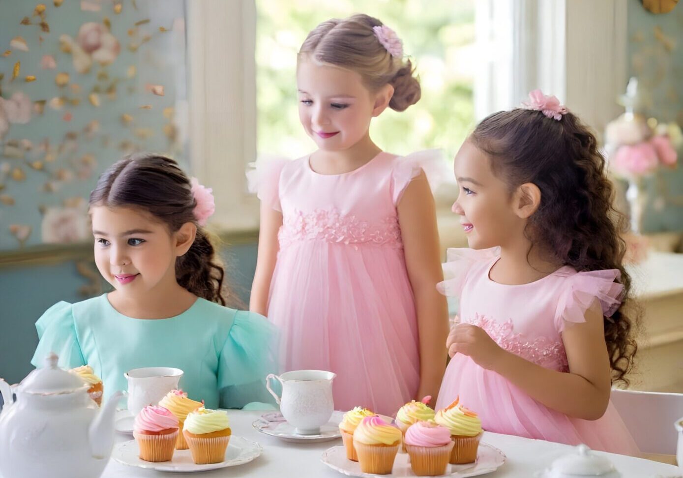 Three girls at tea party with cupcakes