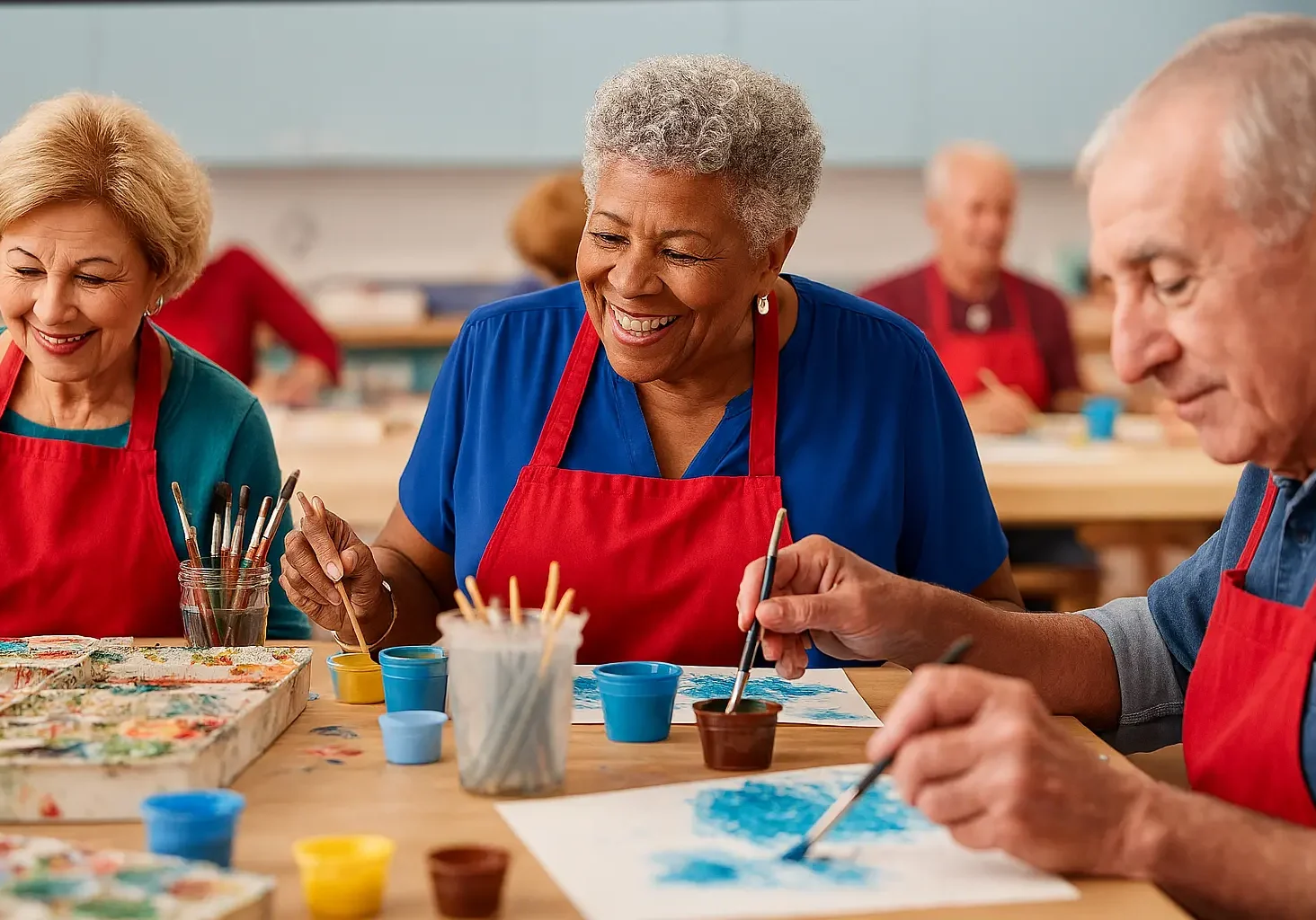 Smiling seniors painting together in art class