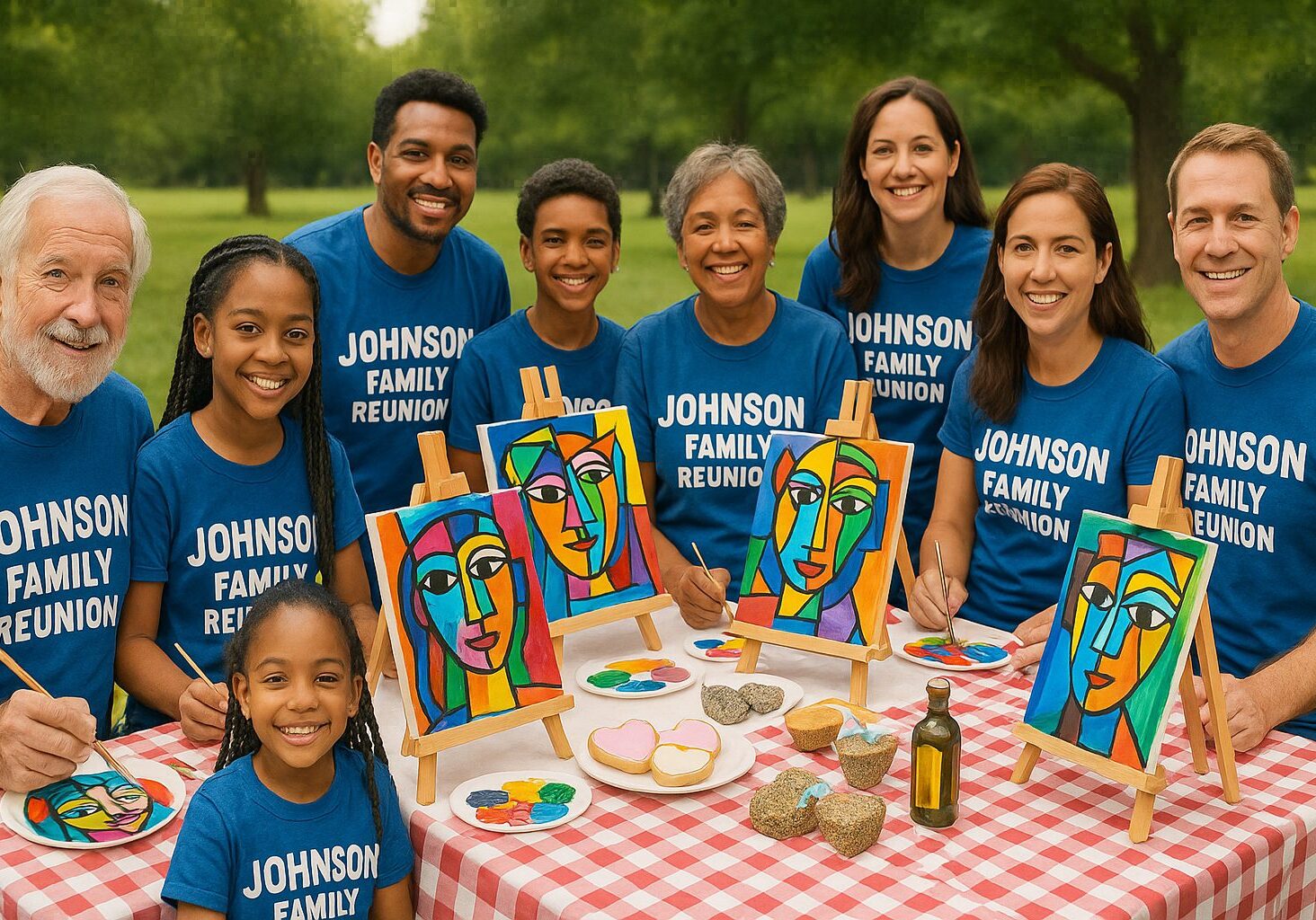 Family in matching reunion shirts painting outdoors